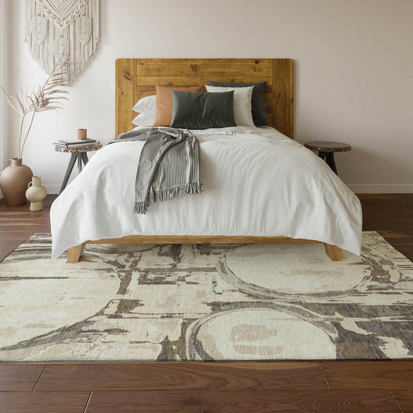 HomeRoots 5' X 8' Stylish Ivory Taupe & Beige Geometric Area Rug - Washable, UV Protected, Pet Friendly! 667833
