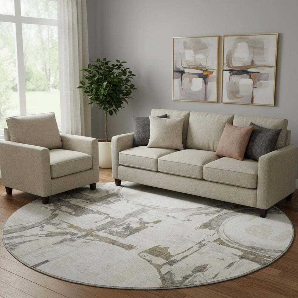 HomeRoots 8' Ivory Taupe & Beige Geometric Washable Round Rug – Durable, UV Protected, Easy-Clean Design 667834