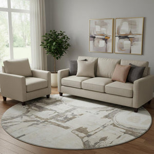 HomeRoots 8' Ivory Taupe & Beige Geometric Washable Round Rug – Durable, UV Protected, Easy-Clean Design 667834