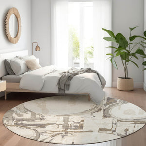 HomeRoots 8' Ivory Taupe & Beige Geometric Washable Round Rug – Durable, UV Protected, Easy-Clean Design 667834