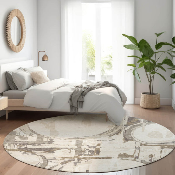 HomeRoots 8' Ivory Taupe & Beige Geometric Washable Round Rug – Durable, UV Protected, Easy-Clean Design 667834