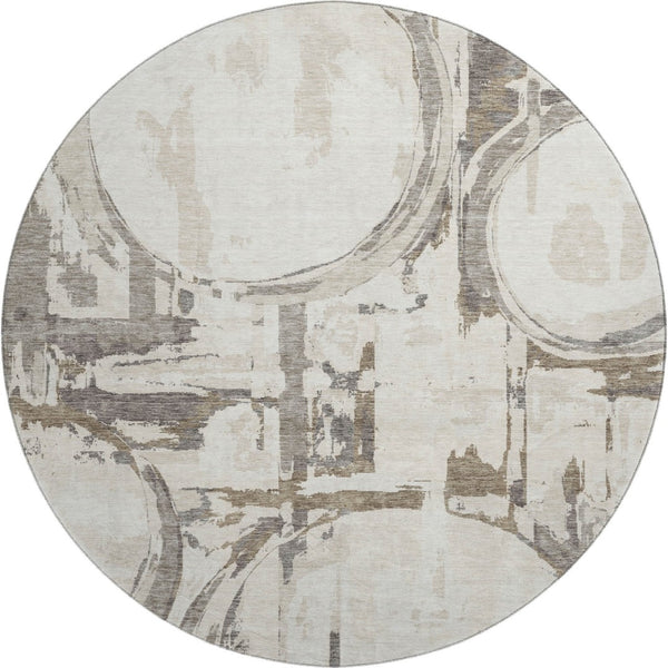 HomeRoots 8' Ivory Taupe & Beige Geometric Washable Round Rug – Durable, UV Protected, Easy-Clean Design 667834