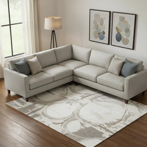 HomeRoots 9' X 12' Durable Ivory Taupe Beige Geometric Washable Area Rug with UV Protection for Homes 667836