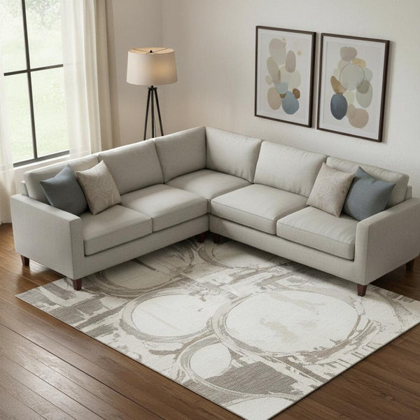 HomeRoots 9' X 12' Durable Ivory Taupe Beige Geometric Washable Area Rug with UV Protection for Homes 667836
