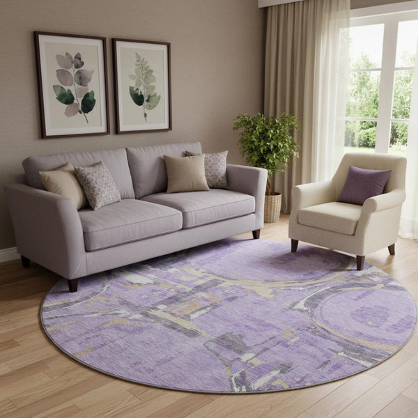 HomeRoots 8' Modern Geometric Washable Round Rug in Lavender, Beige & Gray - UV-Protected Durability & Style 667840