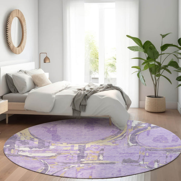 HomeRoots 8' Modern Geometric Washable Round Rug in Lavender, Beige & Gray - UV-Protected Durability & Style 667840