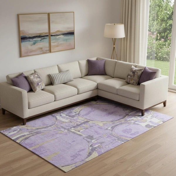 HomeRoots 8' X 10' Contemporary Lavender Beige Gray Geometric Area Rug – Washable, UV-Protected, Durable Design 667841