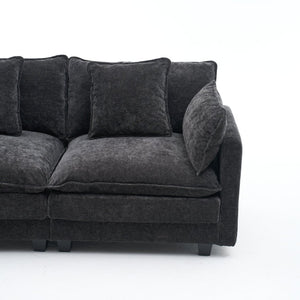 English Elm Beige Chenille Sectional Sofa with Modular Ottoman for Living Room or Studio Black W2603S00006