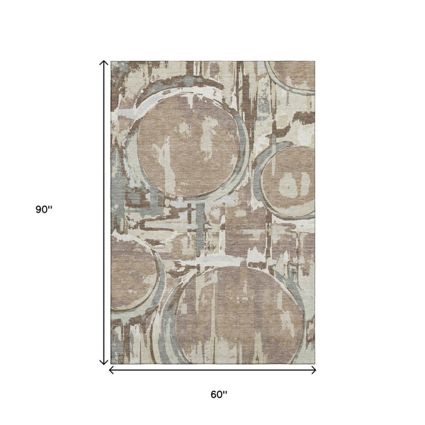 HomeRoots 5' X 8' Coffee Beige and Gray Geometric Area Rug - Washable, UV Protected, Stain-Resistant Design! 667845