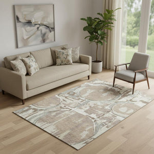 HomeRoots 5' X 8' Coffee Beige and Gray Geometric Area Rug - Washable, UV Protected, Stain-Resistant Design! 667845