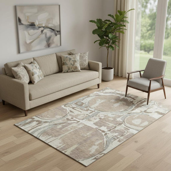 HomeRoots 5' X 8' Coffee Beige and Gray Geometric Area Rug - Washable, UV Protected, Stain-Resistant Design! 667845