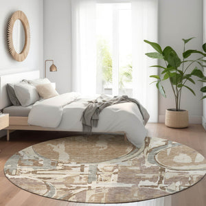 HomeRoots 8' Washable Round Rug in Coffee Beige & Gray - Durable Geometric Design with UV Protection & Style 667846