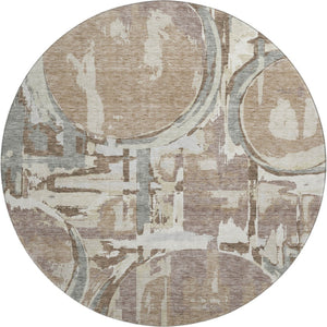 HomeRoots 8' Washable Round Rug in Coffee Beige & Gray - Durable Geometric Design with UV Protection & Style 667846