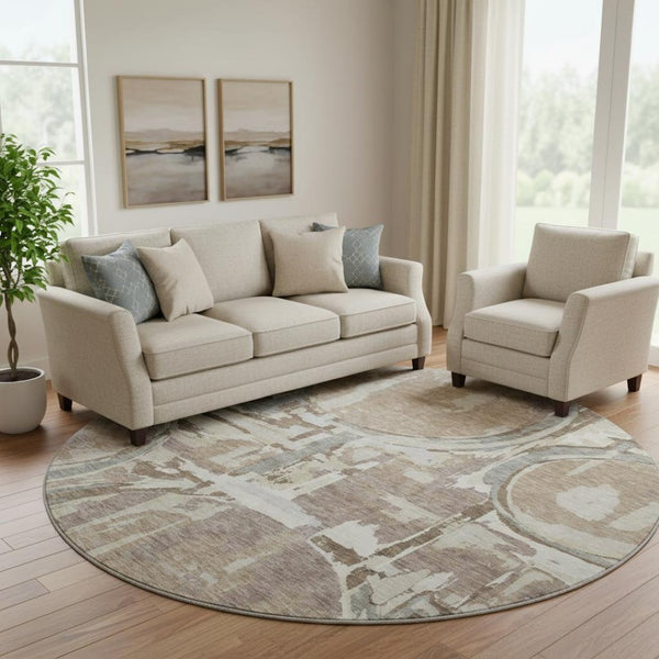 HomeRoots 8' Washable Round Rug in Coffee Beige & Gray - Durable Geometric Design with UV Protection & Style 667846