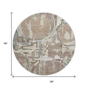 HomeRoots 8' Washable Round Rug in Coffee Beige & Gray - Durable Geometric Design with UV Protection & Style 667846