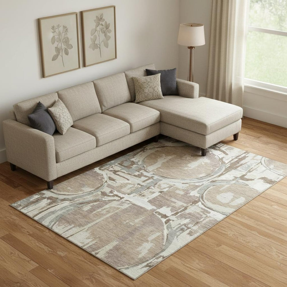 HomeRoots 9' X 12' Coffee Beige and Gray Geometric Area Rug - Durable, Washable, UV-Protected for Modern Homes 667848