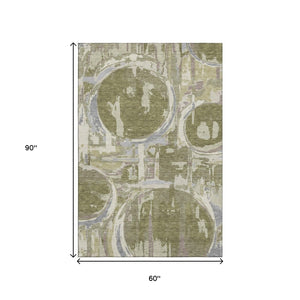 HomeRoots 5' X 8' Olive Green Gray Silver Geometric Washable Area Rug - Durable, Stain-Resistant, UV Protected! 667851
