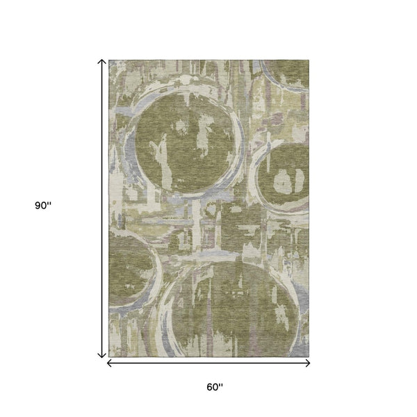HomeRoots 5' X 8' Olive Green Gray Silver Geometric Washable Area Rug - Durable, Stain-Resistant, UV Protected! 667851