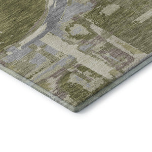 HomeRoots 5' X 8' Olive Green Gray Silver Geometric Washable Area Rug - Durable, Stain-Resistant, UV Protected! 667851