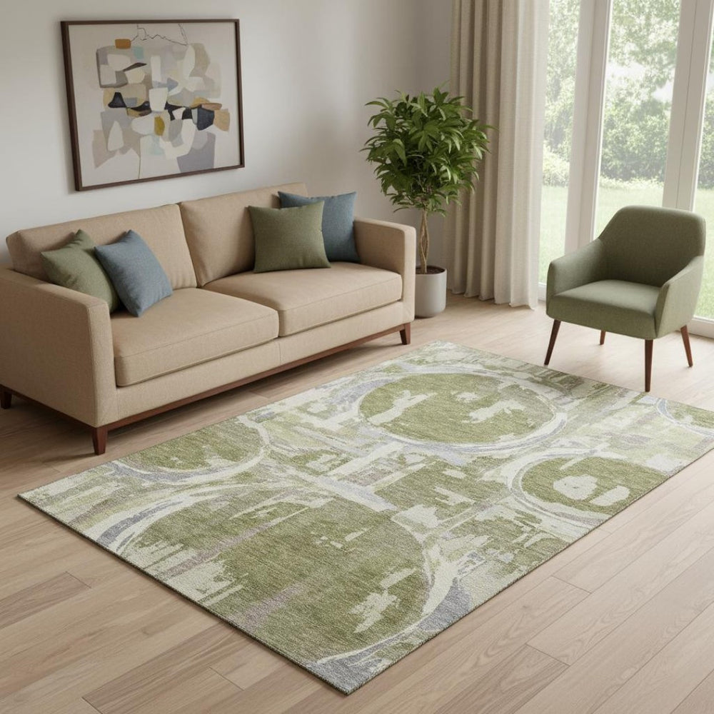 HomeRoots 5' X 8' Olive Green Gray Silver Geometric Washable Area Rug - Durable, Stain-Resistant, UV Protected! 667851