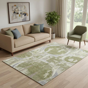 HomeRoots 5' X 8' Olive Green Gray Silver Geometric Washable Area Rug - Durable, Stain-Resistant, UV Protected! 667851