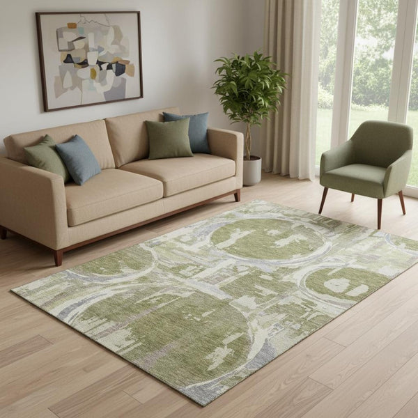 HomeRoots 5' X 8' Olive Green Gray Silver Geometric Washable Area Rug - Durable, Stain-Resistant, UV Protected! 667851