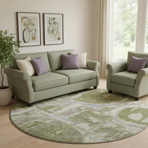 HomeRoots 8' Olive Green Gray Silver Geometric Round Rug - Washable, Stain Resistant, UV Protected Home Decor 667852