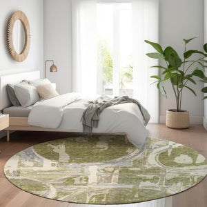 HomeRoots 8' Olive Green Gray Silver Geometric Round Rug - Washable, Stain Resistant, UV Protected Home Decor 667852