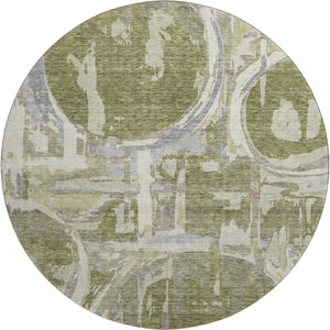 HomeRoots 8' Olive Green Gray Silver Geometric Round Rug - Washable, Stain Resistant, UV Protected Home Decor 667852