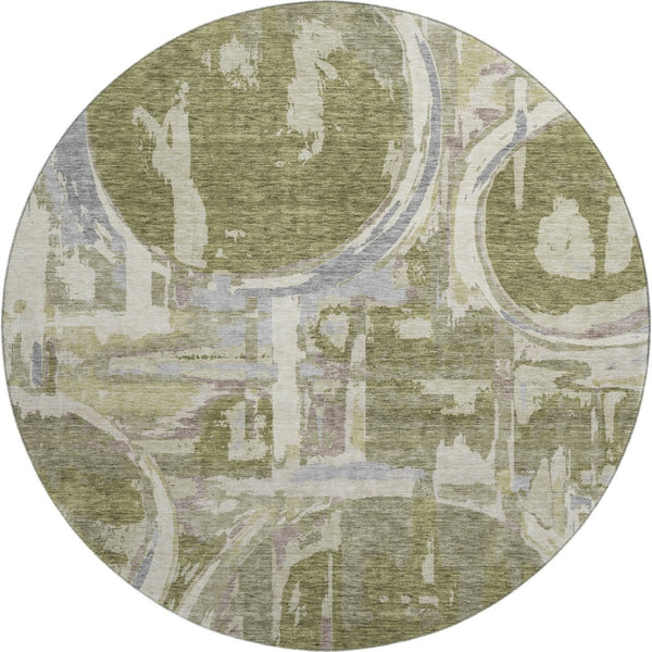 HomeRoots 8' Olive Green Gray Silver Geometric Round Rug - Washable, Stain Resistant, UV Protected Home Decor 667852