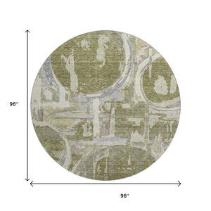 HomeRoots 8' Olive Green Gray Silver Geometric Round Rug - Washable, Stain Resistant, UV Protected Home Decor 667852