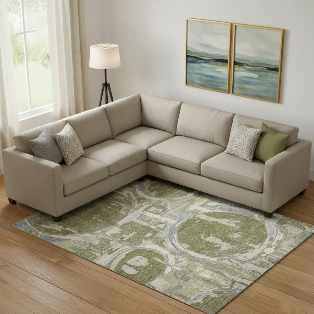 HomeRoots 8' X 10' Washable Geometric Area Rug in Olive Green, Gray & Silver - UV Protection & Stain Resistant! 667853