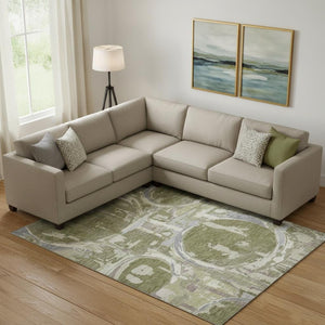 HomeRoots 8' X 10' Washable Geometric Area Rug in Olive Green, Gray & Silver - UV Protection & Stain Resistant! 667853