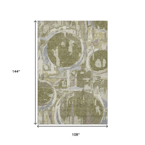 HomeRoots 9' X 12' Olive Green, Gray & Silver Geometric Area Rug - Washable, UV-Protected & Stain-Resistant! 667854