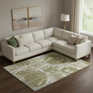HomeRoots 9' X 12' Olive Green, Gray & Silver Geometric Area Rug - Washable, UV-Protected & Stain-Resistant! 667854