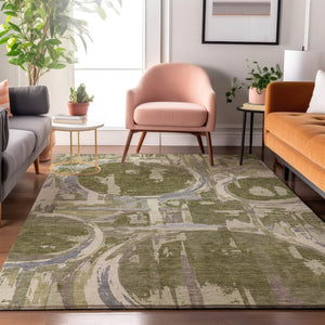 HomeRoots 9' X 12' Olive Green, Gray & Silver Geometric Area Rug - Washable, UV-Protected & Stain-Resistant! 667854