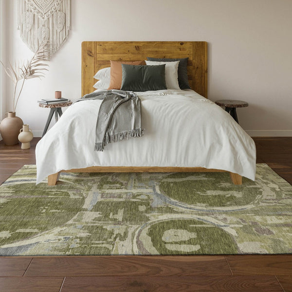 HomeRoots 9' X 12' Olive Green, Gray & Silver Geometric Area Rug - Washable, UV-Protected & Stain-Resistant! 667854