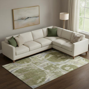 HomeRoots 10' Modern Olive Green Gray Silver Geometric Washable Area Rug - Stain Resistant & UV Protected! 667855
