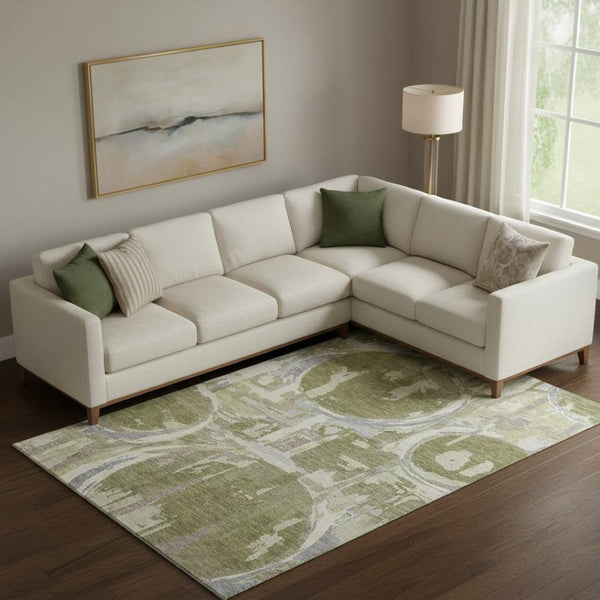 HomeRoots 10' Modern Olive Green Gray Silver Geometric Washable Area Rug - Stain Resistant & UV Protected! 667855