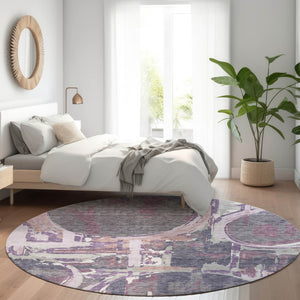 HomeRoots 8' Modern Geometric Round Rug in Purple, Gray & Lavender – Washable, UV-Protected & Stain-Resistant! 667858