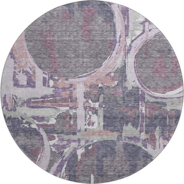 HomeRoots 8' Modern Geometric Round Rug in Purple, Gray & Lavender – Washable, UV-Protected & Stain-Resistant! 667858