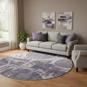 HomeRoots 8' Modern Geometric Round Rug in Purple, Gray & Lavender – Washable, UV-Protected & Stain-Resistant! 667858