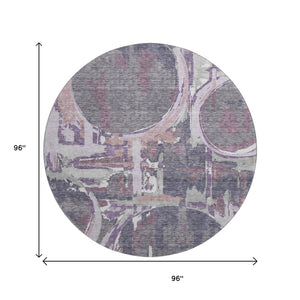 HomeRoots 8' Modern Geometric Round Rug in Purple, Gray & Lavender – Washable, UV-Protected & Stain-Resistant! 667858
