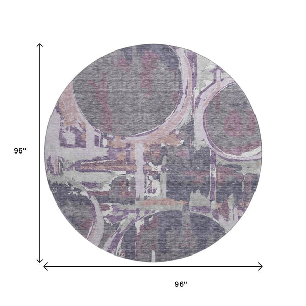 HomeRoots 8' Modern Geometric Round Rug in Purple, Gray & Lavender – Washable, UV-Protected & Stain-Resistant! 667858