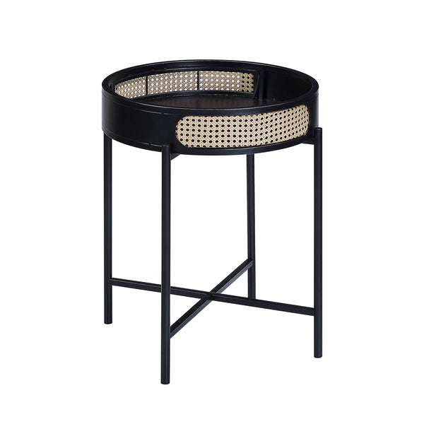English Elm Round Retro Round End Table with Open Top, Wood Texture & Mesh Border, Black Metal Legs for Stylish Storage B016P323428