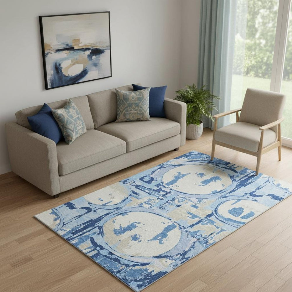 HomeRoots 5' X 8' Sky Blue Ivory Beige Geometric Area Rug - Washable, UV Protected & Stain Resistant Design 667863