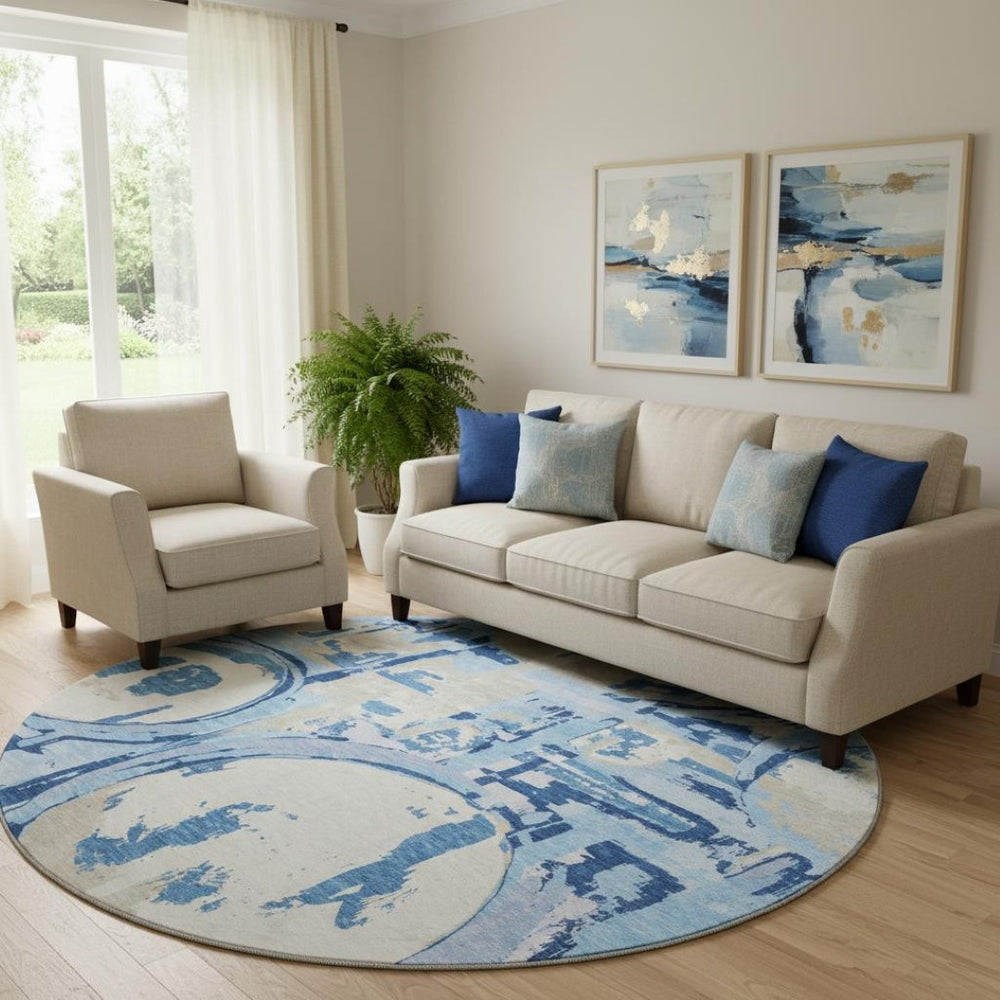 HomeRoots 8' Sky Blue Ivory and Beige Geometric Round Rug - Washable, UV-Protected, Perfect for Modern Spaces! 667864