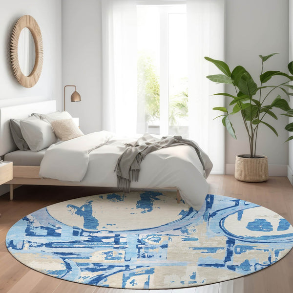 HomeRoots 8' Sky Blue Ivory and Beige Geometric Round Rug - Washable, UV-Protected, Perfect for Modern Spaces! 667864