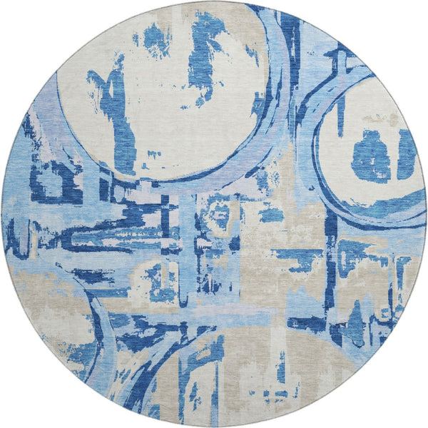 HomeRoots 8' Sky Blue Ivory and Beige Geometric Round Rug - Washable, UV-Protected, Perfect for Modern Spaces! 667864