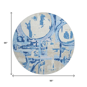 HomeRoots 8' Sky Blue Ivory and Beige Geometric Round Rug - Washable, UV-Protected, Perfect for Modern Spaces! 667864